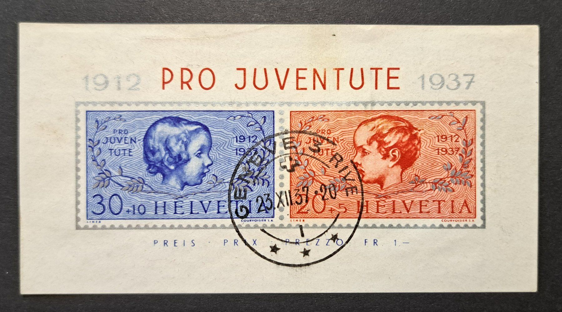 Alle Briefmarken: Pro Juventute 1937 Jubiläumsblock mit Abart – Gebraucht aus Unterägeri von PhilatelieStudiger