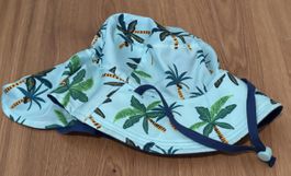 Sonnenhut Palmenmuster hellblau mit Kordel Grösse M?