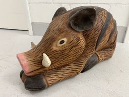 Handgeschnitztes antikes Wildschwein aus Holz, Dekofigur