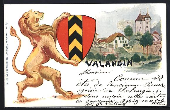 Cartes postales: Litho Valangin, Ortsansicht, Löwe mit W – D'occasion à Berlin par bartko-reher