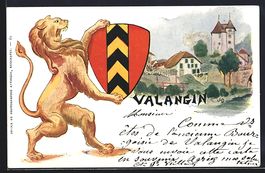 Litho Valangin, Ortsansicht, Löwe mit W