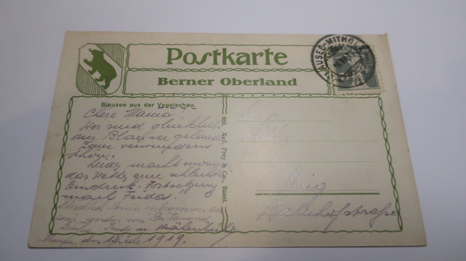 Cartoline postali: Blausee aus der Vogelschau  1919 – Usato da Cormoret venduto da Pascalll2001 2