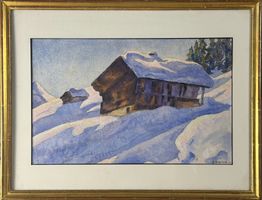 Francis PORTIER (1876-1961) Paesaggio innevato chalet firma