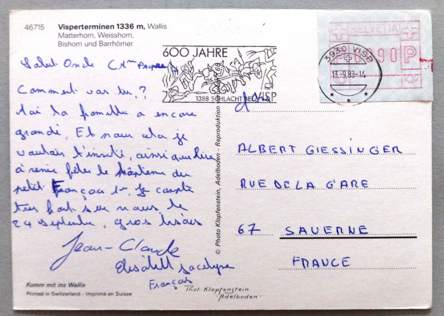 Cartoline postali: Visperterminen 1336 m – Usato da Fétigny venduto da Billy2miny 1