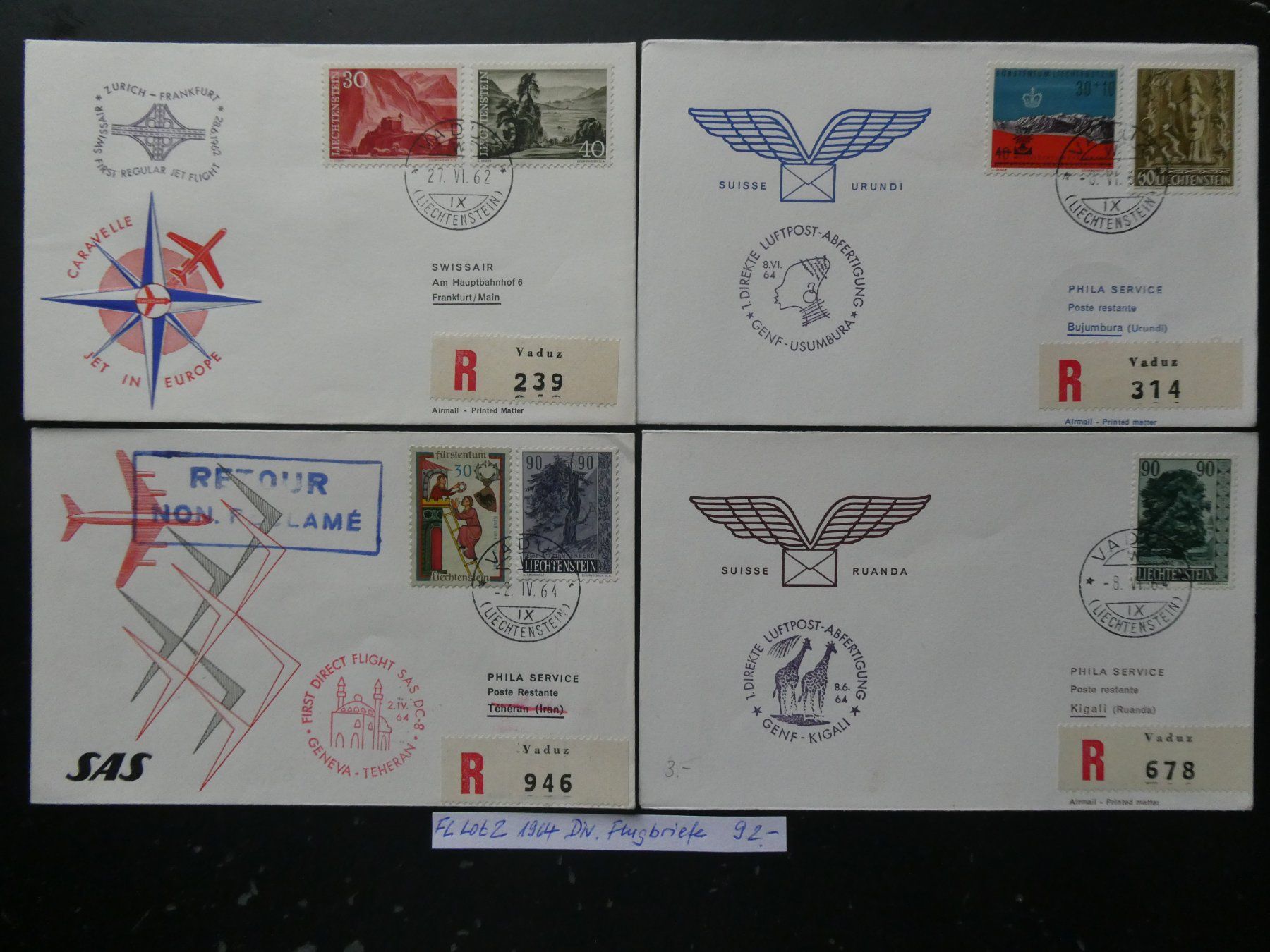 Tutti i francobolli: FL Lot 2 1964 Diverse Flugbriefe – Usato da Lausen venduto da Herbamare01