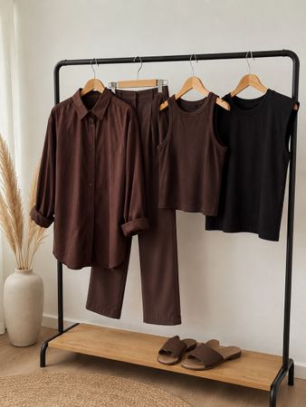 Sommer-Outfit braune weite Hose, Tops & Bluse, Grösse M
