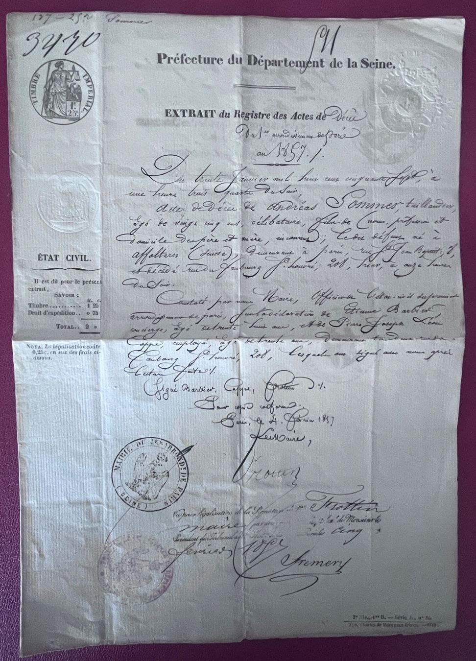 Dokumente: Dokument der Préfectur du Département de la Seine 1857 – Gebraucht aus Biberist von Edelfloh
