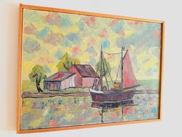 Ölgemälde mit Fischerboot am See, signiert, 1991.