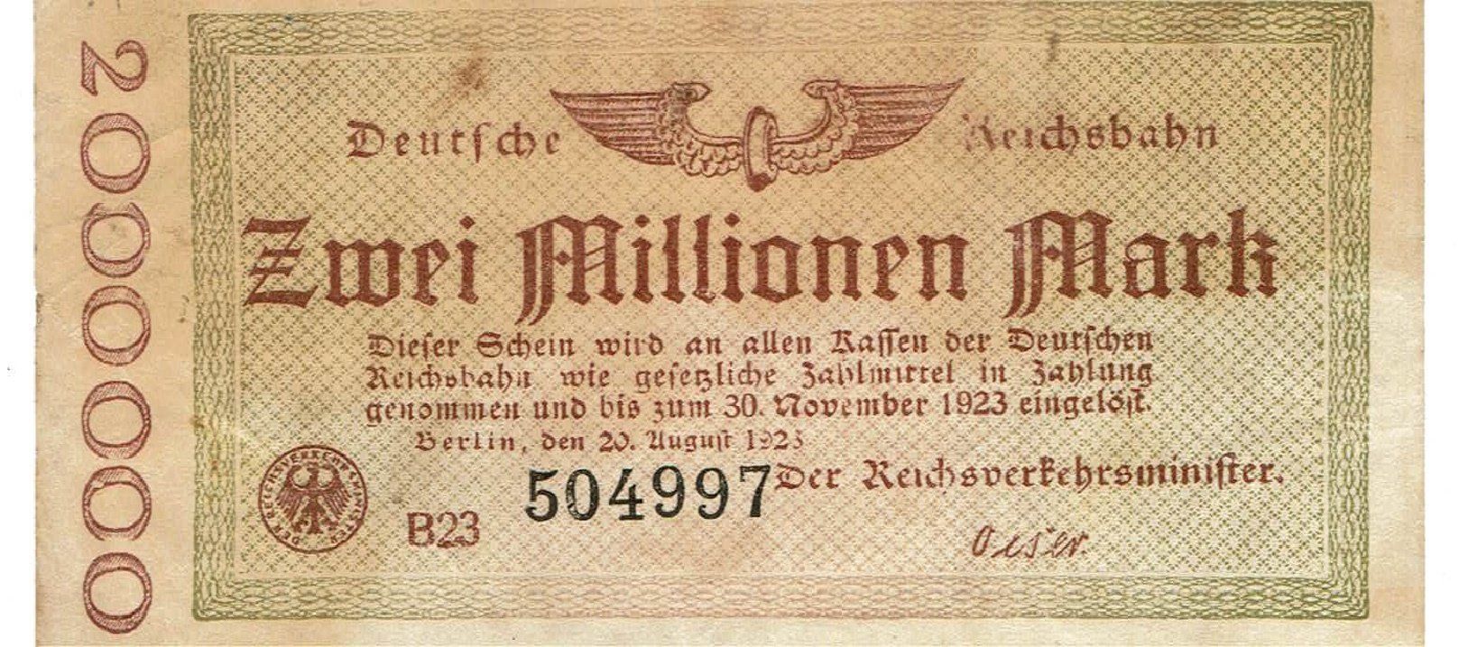 Banconote: Deutsche Reichsbahn 2 Mil. Mark 20.08.1923 VZ – Usato da Steffisburg venduto da ber_8htf