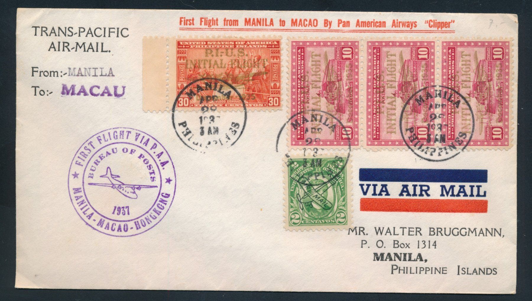Tutti i francobolli: Flugbeleg: first flight Manila - Macau 1937 – Usato da Bonau venduto da Profila3