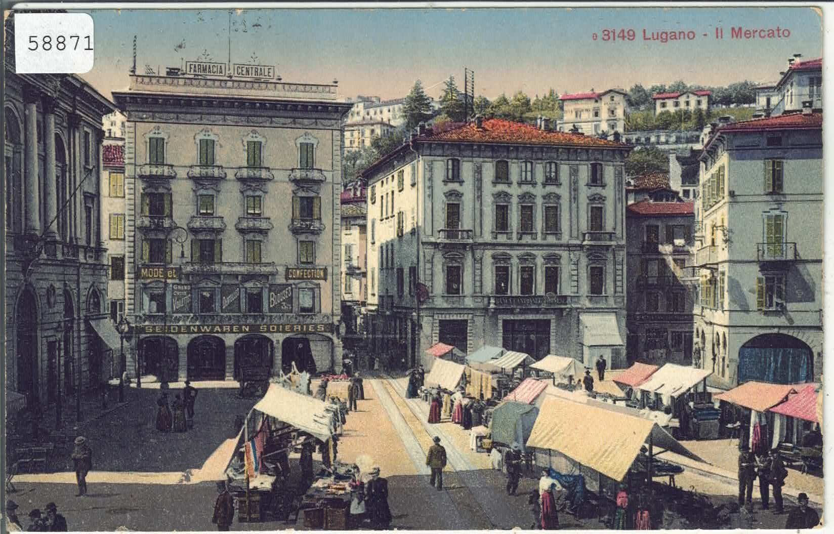 Cartoline postali: Lugano -  Il Mercato - animee - Litho – Usato da Ettingen venduto da Kartenplanet