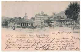Vevey, Place du Marché, charruages, circulée 1899