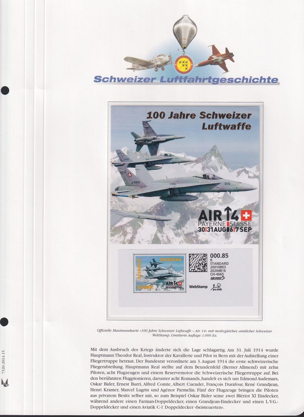 Tutti i francobolli: 2014, 100 Jah. Schweizer Luftwaffe +WebStamp, limit. Auflage – Usato da Sursee venduto da Luzernerraute 3