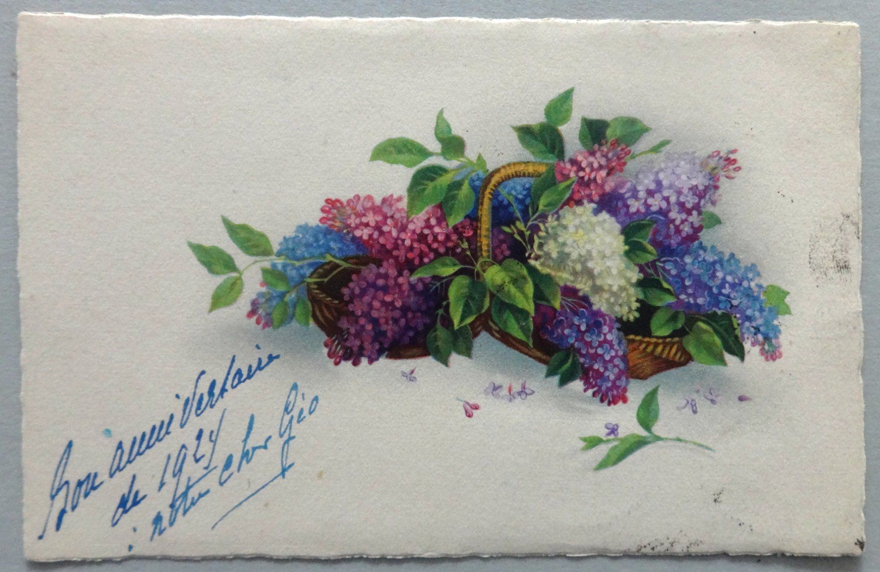 Cartoline postali: Bon Anniversaire, panier de lilas – Difettoso da Fétigny venduto da Billy2miny