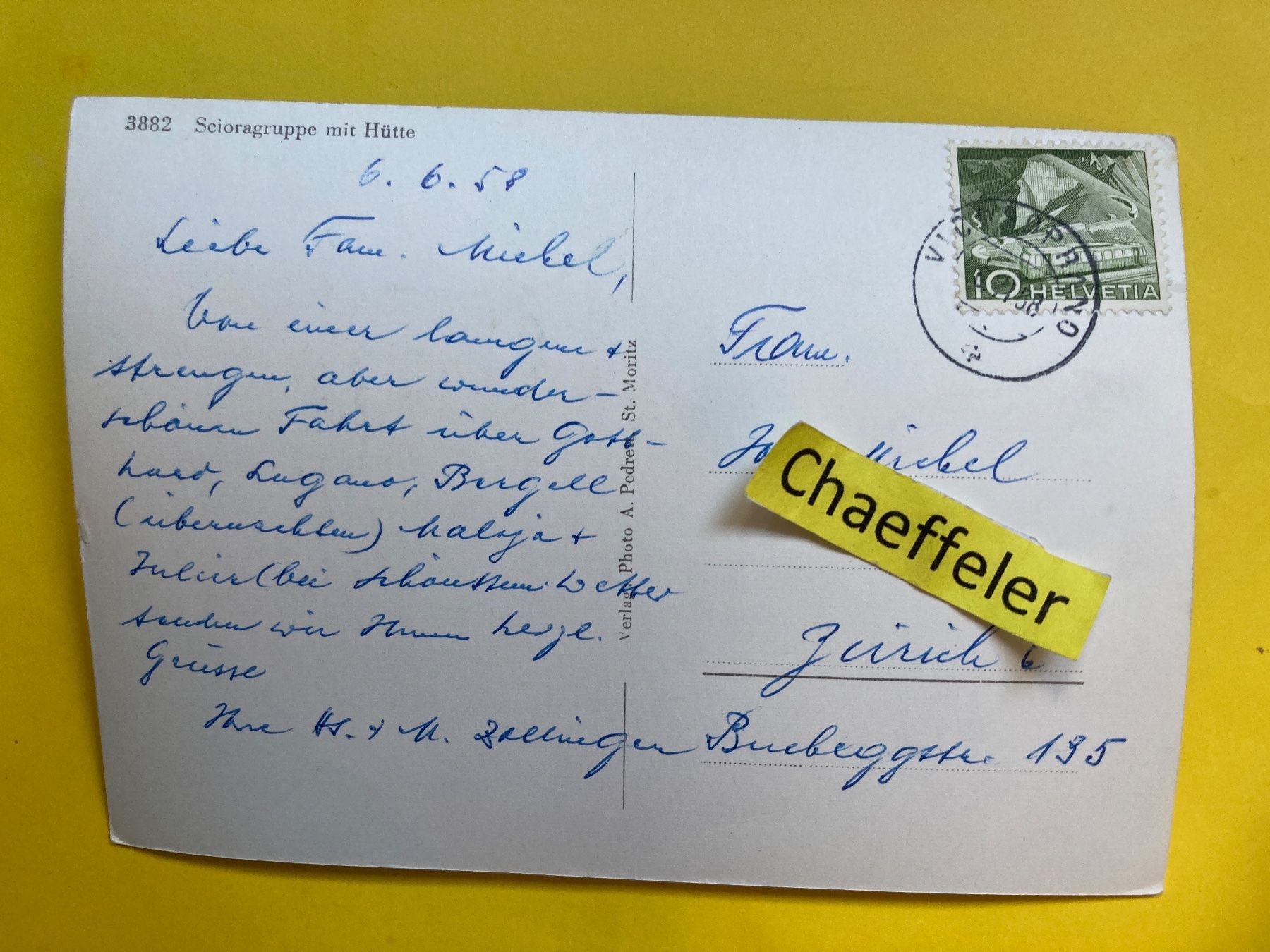 Ansichtskarten: 1958  3882 Scioragruppe mit Hütte – Gebraucht aus Zürich von Chaeffeler 1