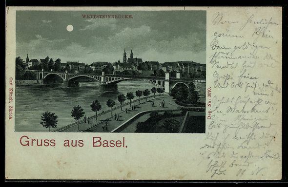 Ansichtskarten: Mondschein-AK Basel, Wettsteinbrücke – Gebraucht aus Berlin von bartko-reher