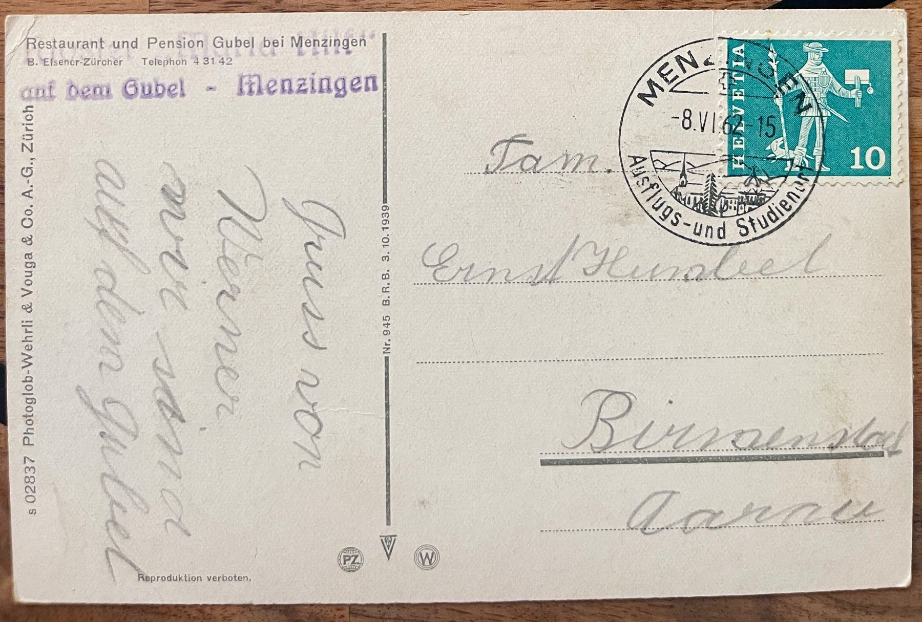 Cartoline postali: MENZINGEN - Restaurant und Pension Gubel – Usato da Lutry venduto da Ediego 1