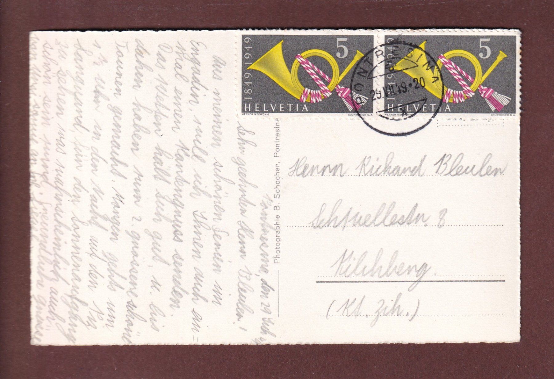 Cartoline postali: PONTRESINA - Crasta Mora - 1949 – Usato da Pully venduto da nicecards 1