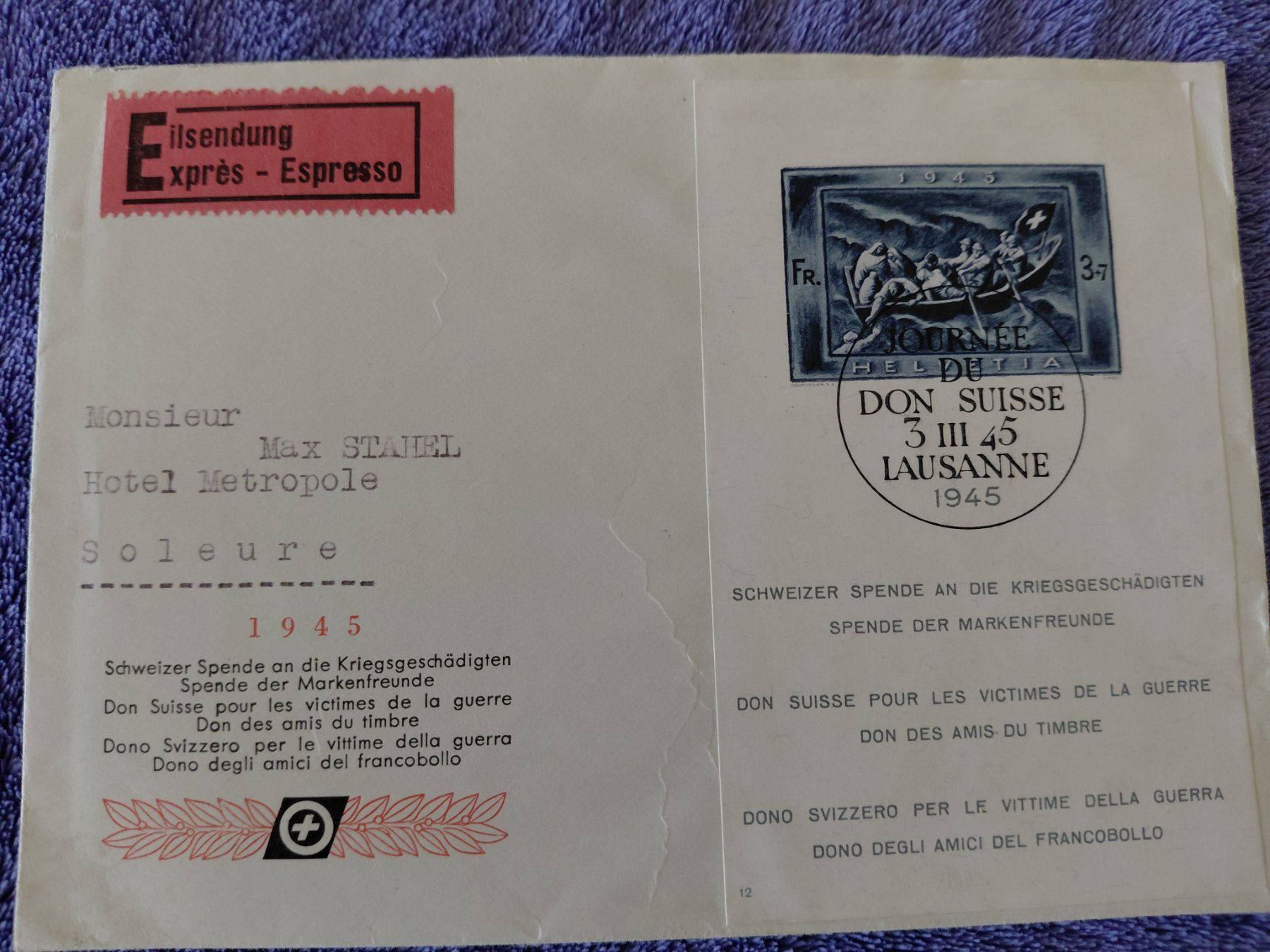 Alle Briefmarken: Brief mit Spendeblock 1945 – Gebraucht aus Horw von Onurb008
