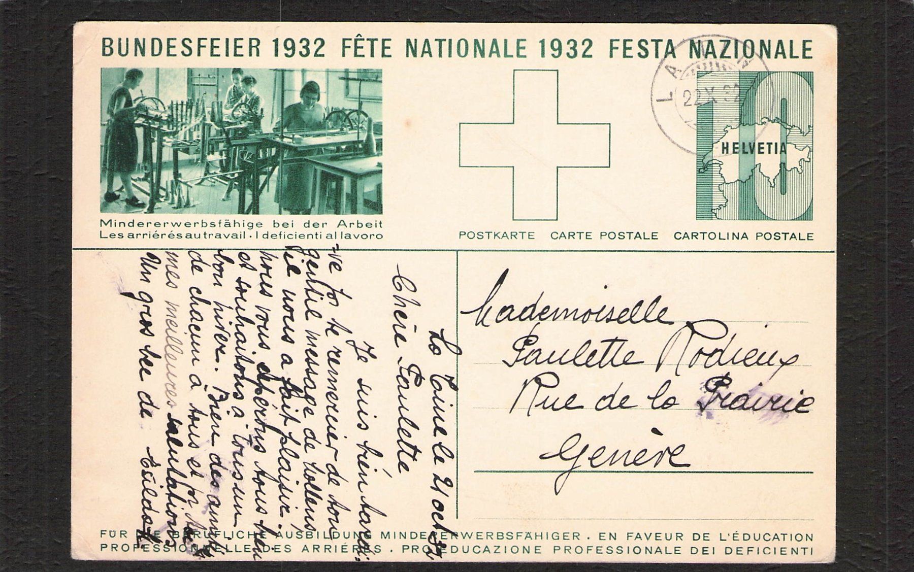 Alle Briefmarken: Bundesfeierkarte 1932 , Nr. 56 e , gel.22.X.1932 – Gebraucht aus Reichenburg von Pipo-67