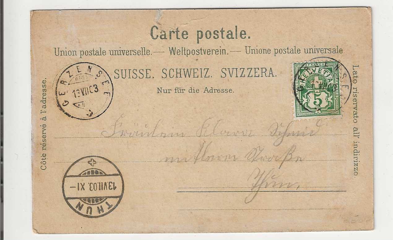 Cartoline postali: Gerzensee, Litho, 1903 – Usato da Spiez venduto da Niesen20 1