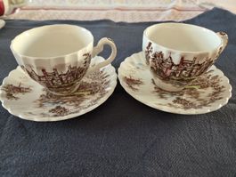Johnson Bros. Ancient Towers cups & saucers, 2 pc set, vinta
