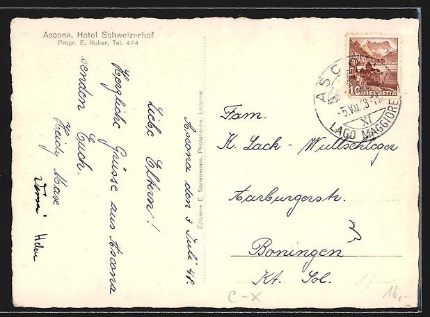 Cartoline postali: Ascona, Hotel Schweizerhof, Bes. E. Hube – Usato da Berlin venduto da bartko-reher 1