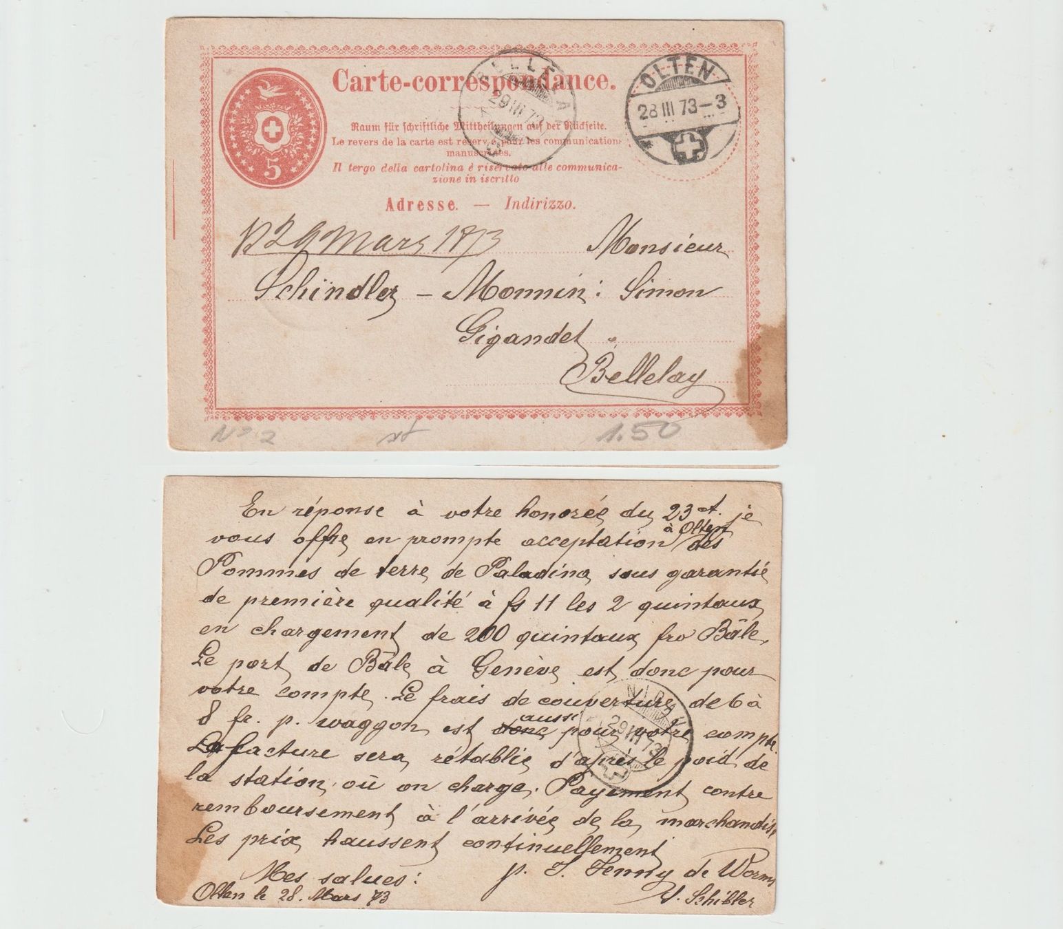 Ansichtskarten: Postkarte "Olten 28 III 73 - 3" – Gebraucht aus Sissach von eriluz