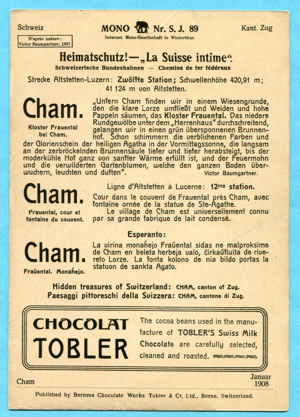 Cartoline postali: Monokarte Cham 1908 - Kloster Frauental bei Cham – Usato da Opfikon venduto da Prophila 1