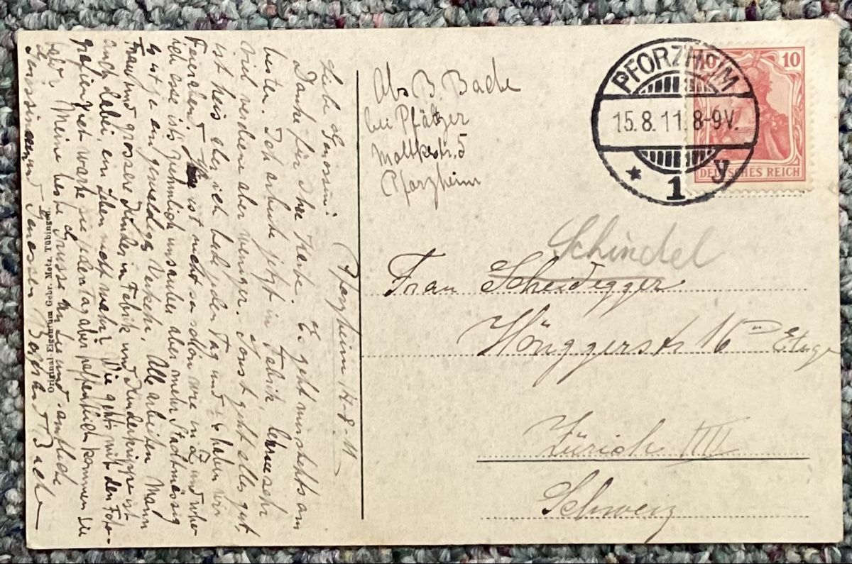 Cartoline postali: Pforzheim, Deutschland, Ansichtskarte 1911 – Usato da Reinach BL venduto da Linda013 1