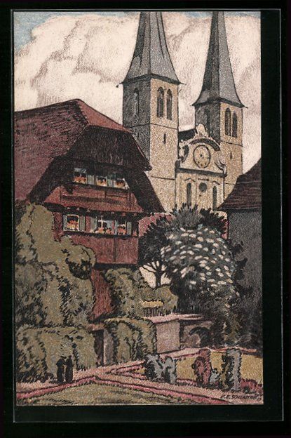 Cartoline postali: Ernst E.Schlatter: Luzern, Hofkirche mit – Usato da Berlin venduto da bartko-reher