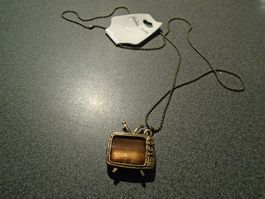Kette broncefarbig/Anhänger Fernseher, brauner Stein
