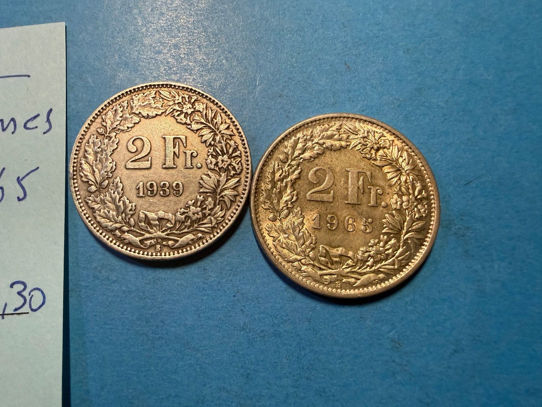 Alle Münzen: SUISSE :  2 X 2 FRANCS 1939 + 1965 ARGENT – Gebraucht aus genève von GEnumist 2