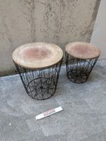 Beistelltische-Set, schwarzes Metall mit Holzdeckel