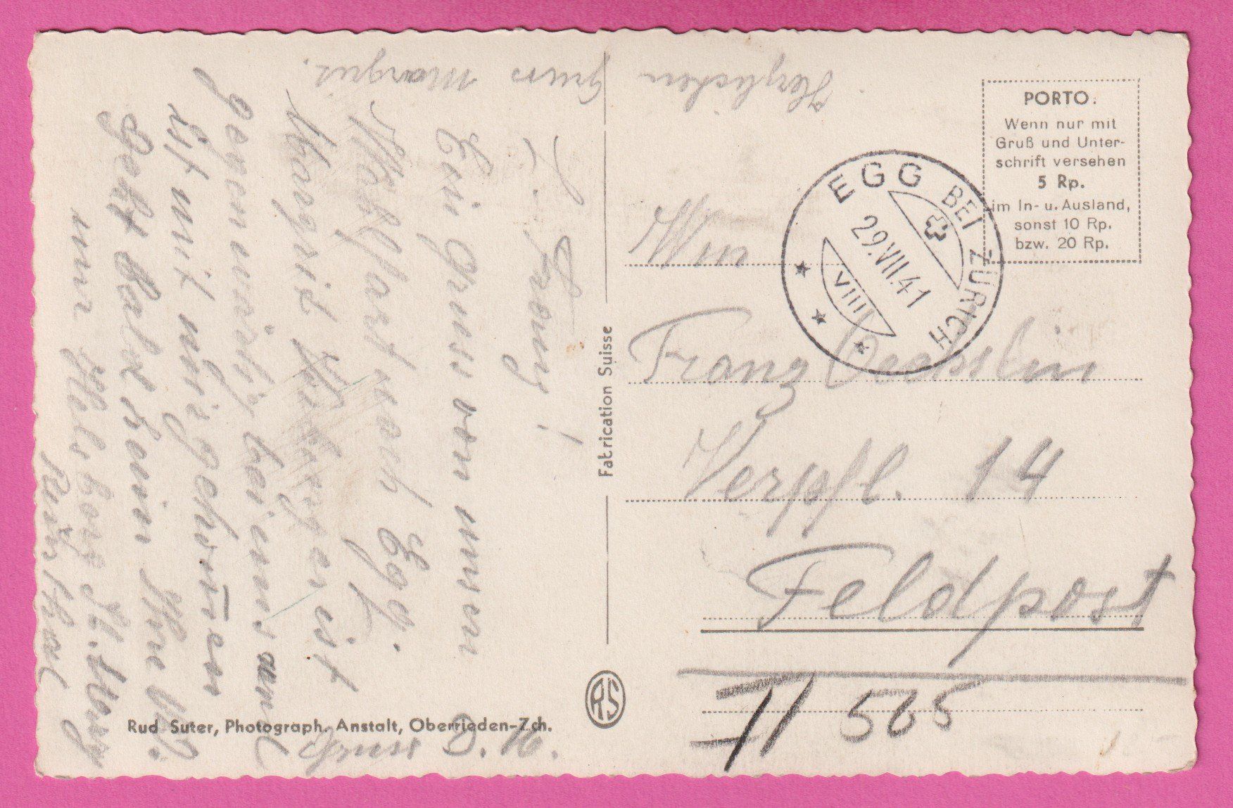 Cartoline postali: Egg ZH gel 1941 mit Feldpost Wallfahrtskirche St. Antonius – Usato da Einsiedeln venduto da dillie 1