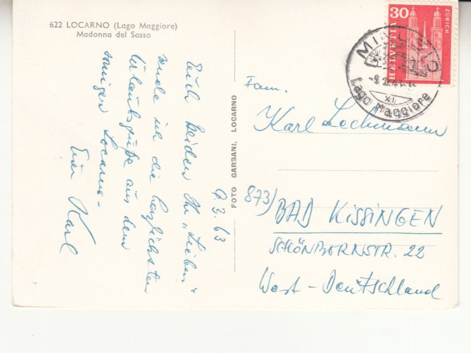 Cartoline postali: Madonna del Sasso 1963 – Usato da Bürglen TG venduto da StampGraf 1