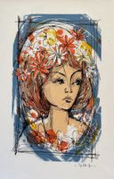 René Villiger (1931–2010) – Litho «Mädchen mit Blumen» sign.