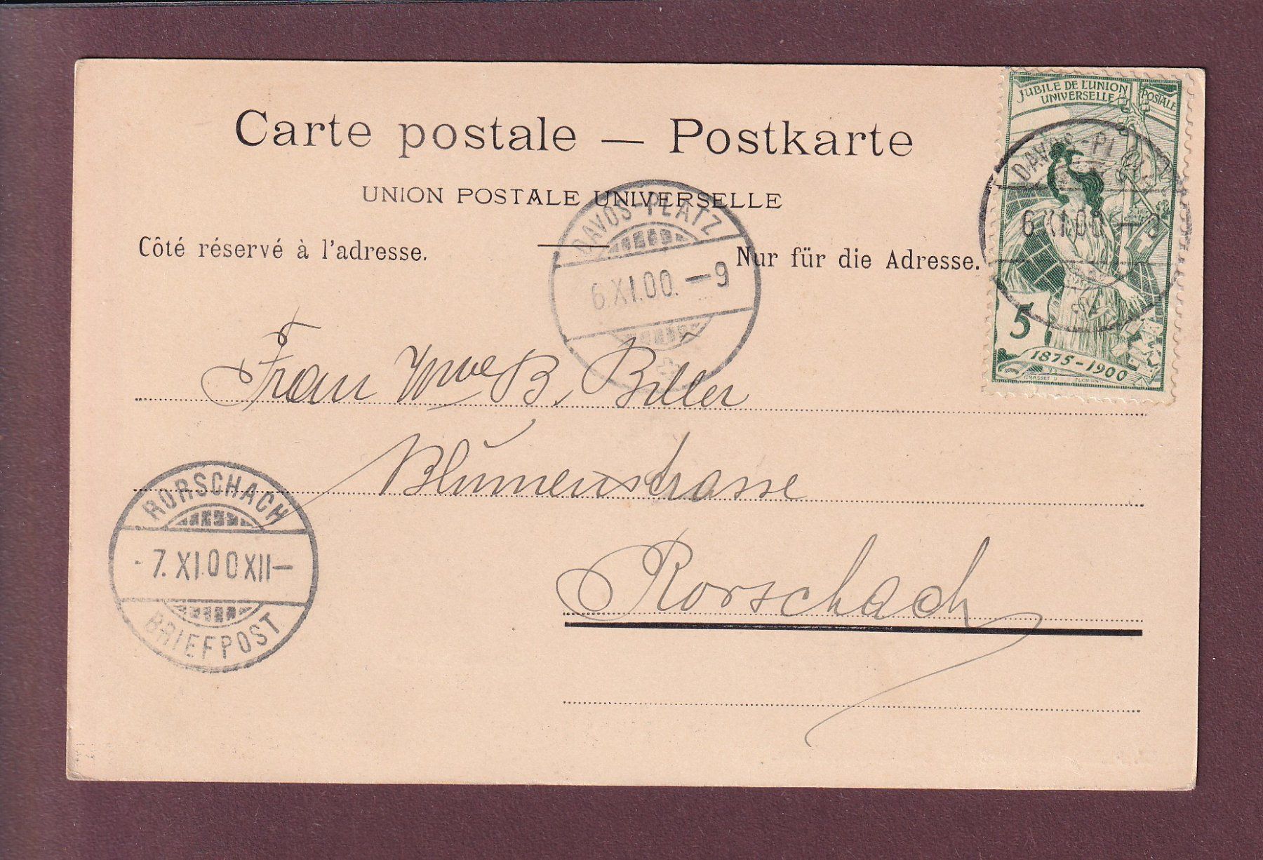 Cartoline postali: DAVOSER-SEE - 1900 UPU 77c CPN – Usato da Pully venduto da nicecards 1
