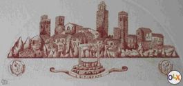 San Gimignano, Toskana. Radierung Bergdorf Ansicht