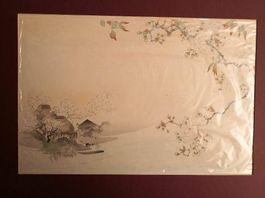 Estampe japonaise, village au bord d'une rivière