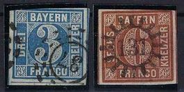Bayrische 3+6 Kreuzer Marken ca.1850/60 mit Mühlradstempel