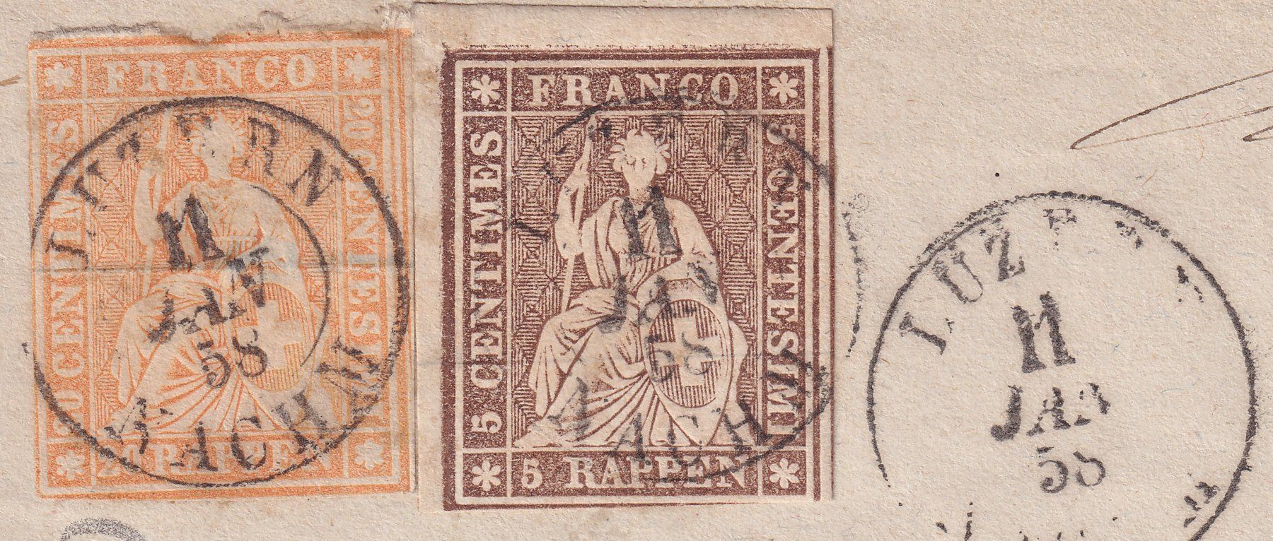 Tutti i francobolli: 1858, 25D+22D mit BOGENRAND, Brief: LUZERN - TRIENGEN, 650.- – Usato da Sursee venduto da Luzernerraute 1
