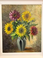 56 cmx65 cm/ E.Kaatz/ Öl Gemälde Sonnenblumen Dahlien Vase