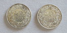 2 x Fr. 2.-  1960 und 1963, Silber