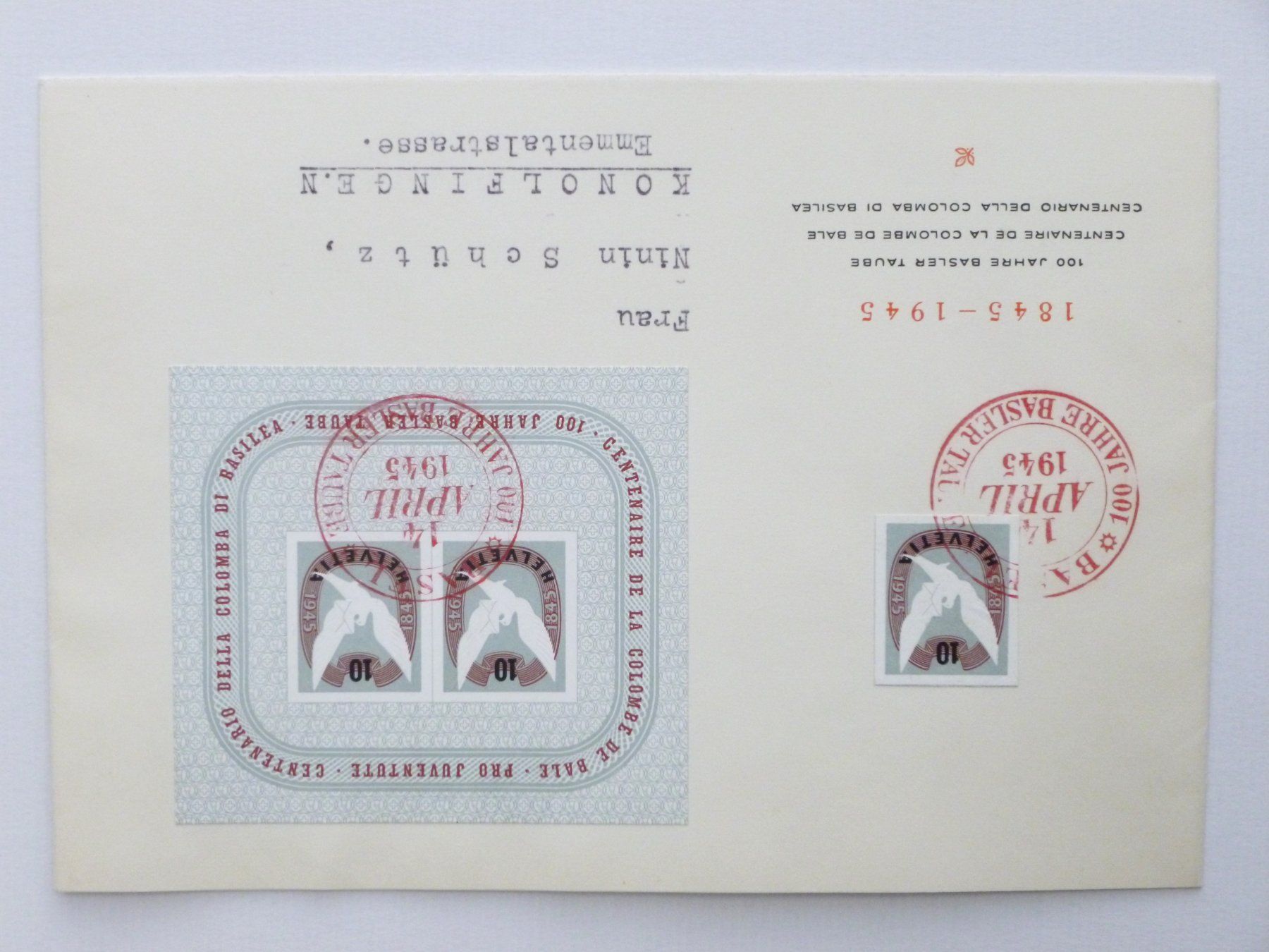 Alle Briefmarken: FDC - Block 100J Basler Taube+Einzelwert, SSt. BASEL 14.4.45 – Gebraucht aus Uster von schepus23 1
