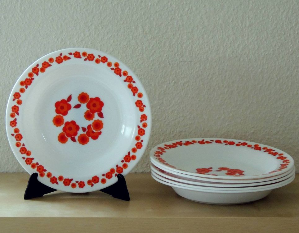 Lot 4 assiettes dessert Arcopal Scania fleur orange années 70
