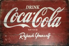 Coca Cola Blechschild Holz Optik U.S.A. Dose Flasche Getränk