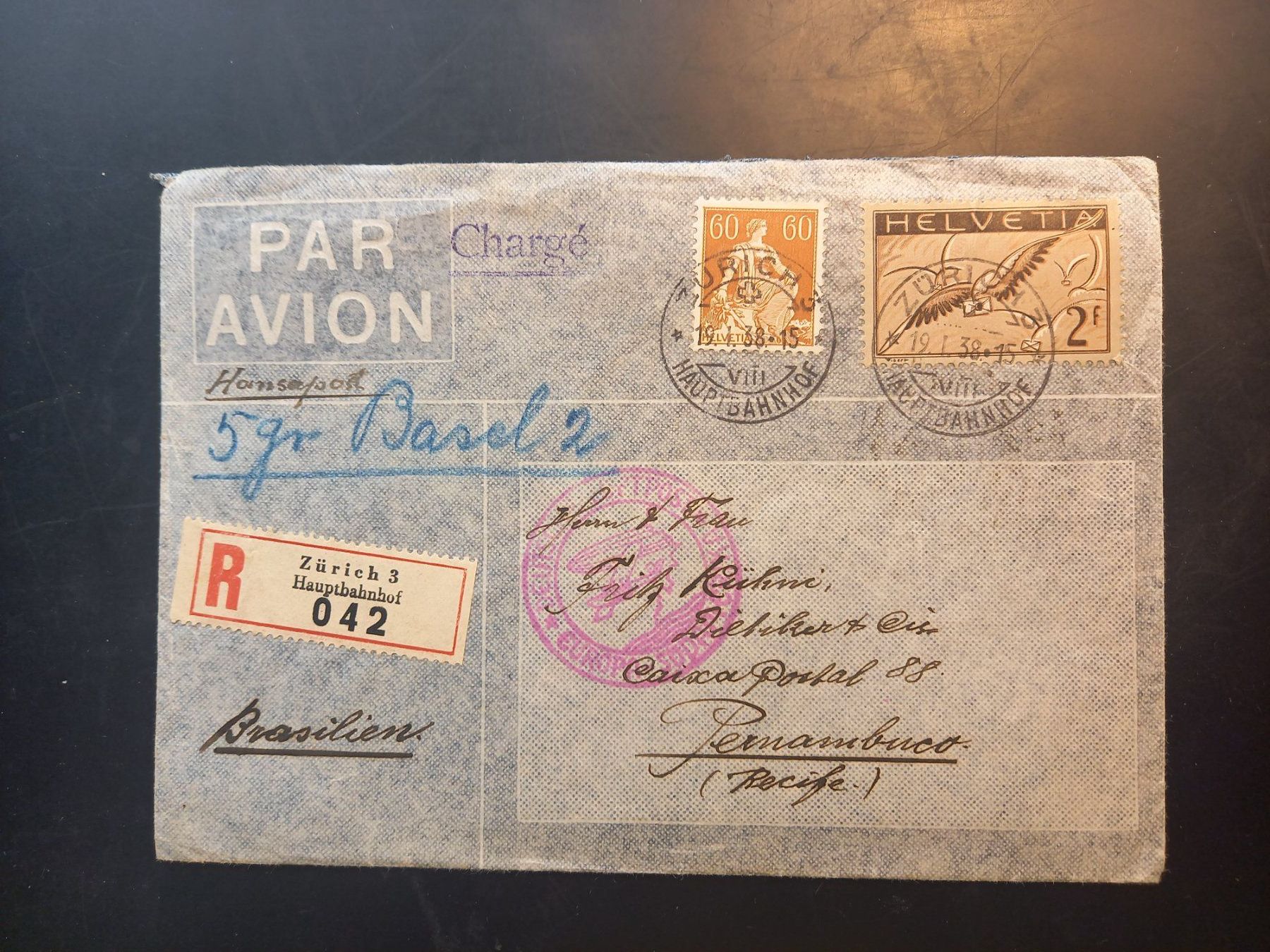 Alle Briefmarken: Deutsche Luftpost, 1938. nach Brasilien – Gebraucht aus Herzogenbuchsee von Herkules9