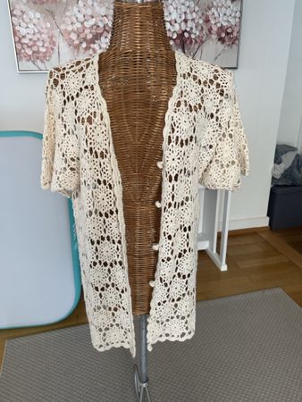 Gehäkelte Jacke, Creme, Ramie, Baumwolle, M
