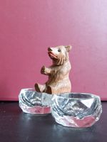 Schönes Salz Pfeffer Menage aus Glas mit Bär aus Holz